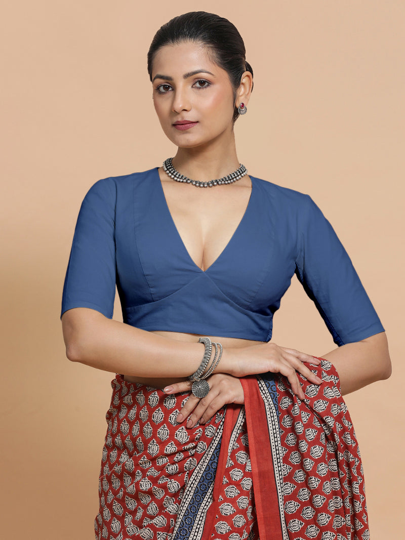 Riddhima x Rozaana | Elbow Sleeves Saree Blouse in Lapis Blue Plain Cotton-Binks