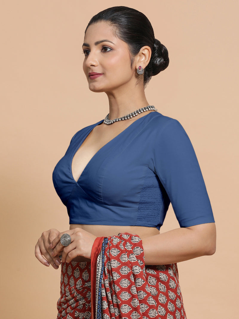Riddhima x Rozaana | Elbow Sleeves Saree Blouse in Lapis Blue Plain Cotton-Binks