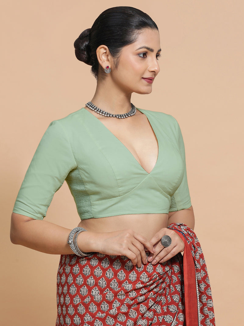 Riddhima x Rozaana | V-Neck Light Sage Plain Cotton Saree Blouse-Binks
