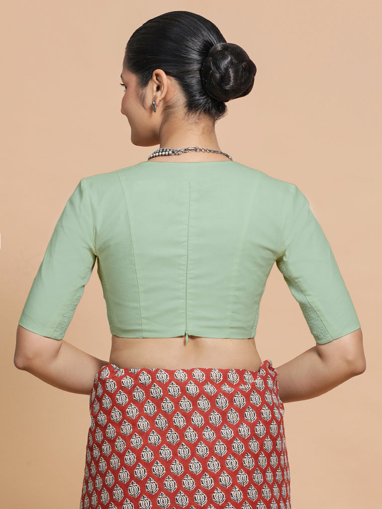 Riddhima x Rozaana Saree Blouse, in Green Cotton, featuring elbow sleeves and v-neckline, made for daily & work (view 2).