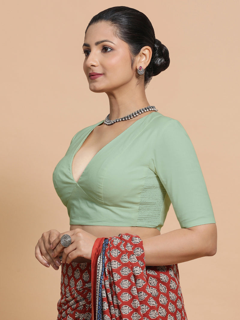 Riddhima x Rozaana | V-Neck Light Sage Plain Cotton Saree Blouse-Binks