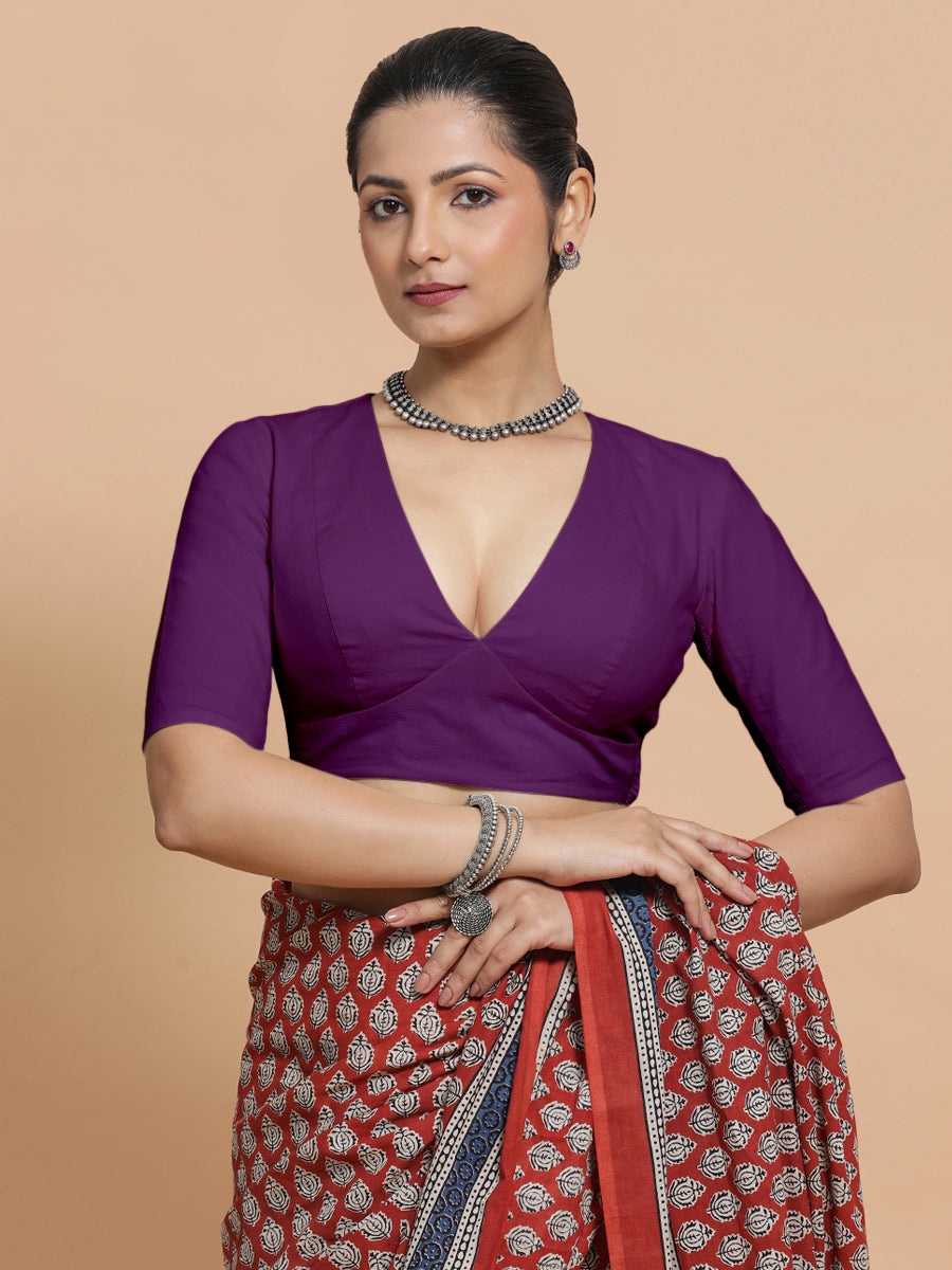 Riddhima x Rozaana Saree Blouse, in Pink Cotton, featuring elbow sleeves and v-neckline, made for daily & work.