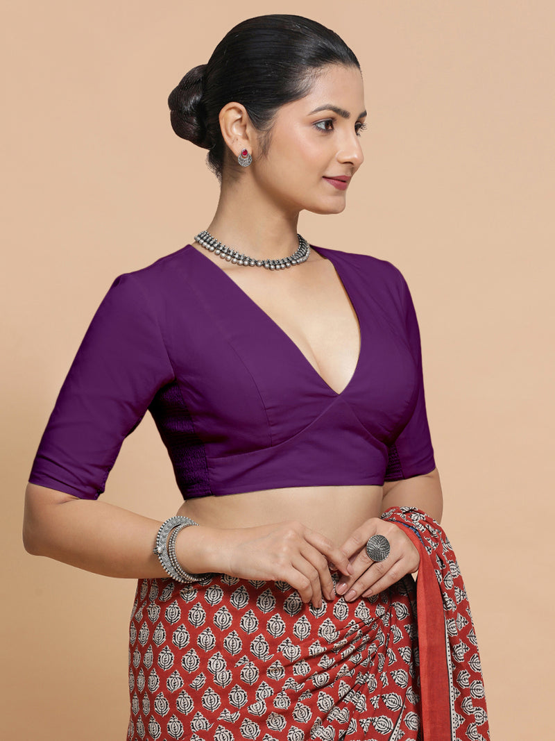 Riddhima x Rozaana | V-Neck Magenta Bliss Plain Cotton Saree Blouse-Binks