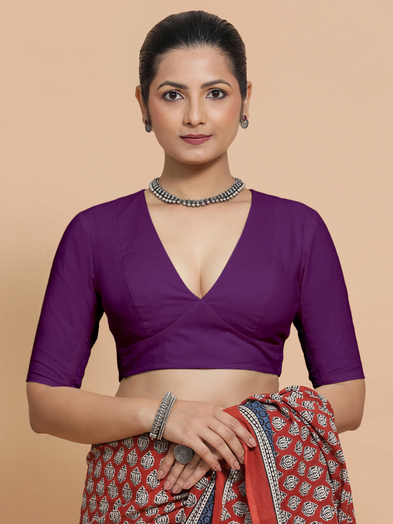 Riddhima x Rozaana | V-Neck Magenta Bliss Plain Cotton Saree Blouse-Binks