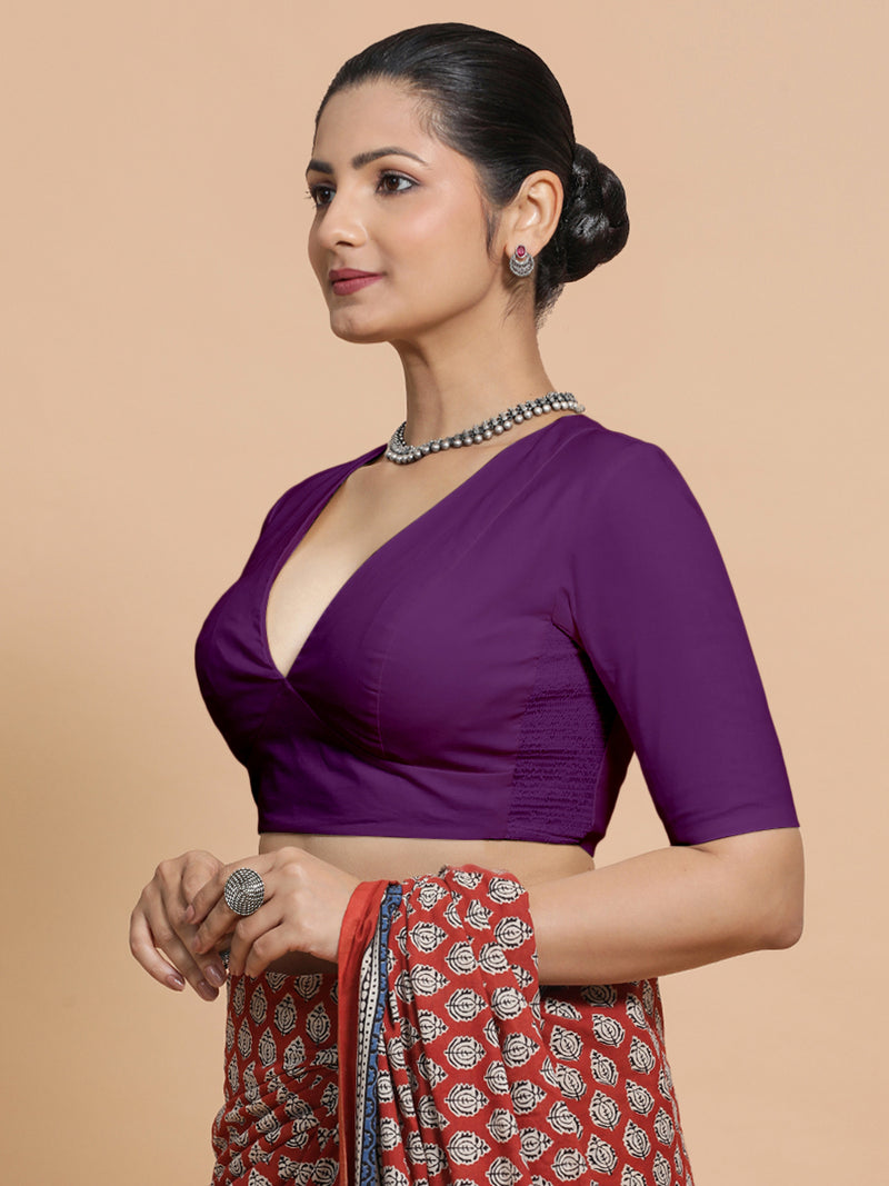 Riddhima x Rozaana | V-Neck Magenta Bliss Plain Cotton Saree Blouse-Binks