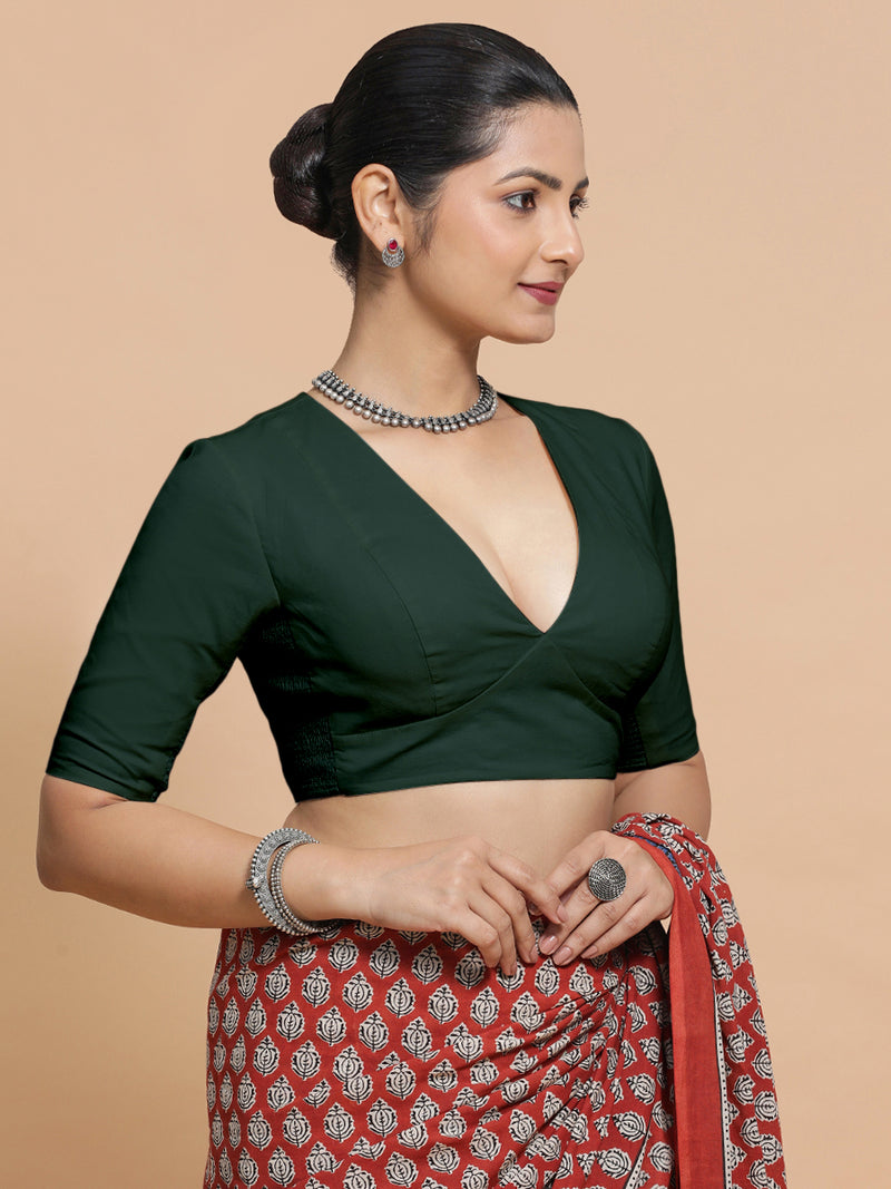 Riddhima x Rozaana | V-Neck Moss Green Plain Cotton Saree Blouse-Binks