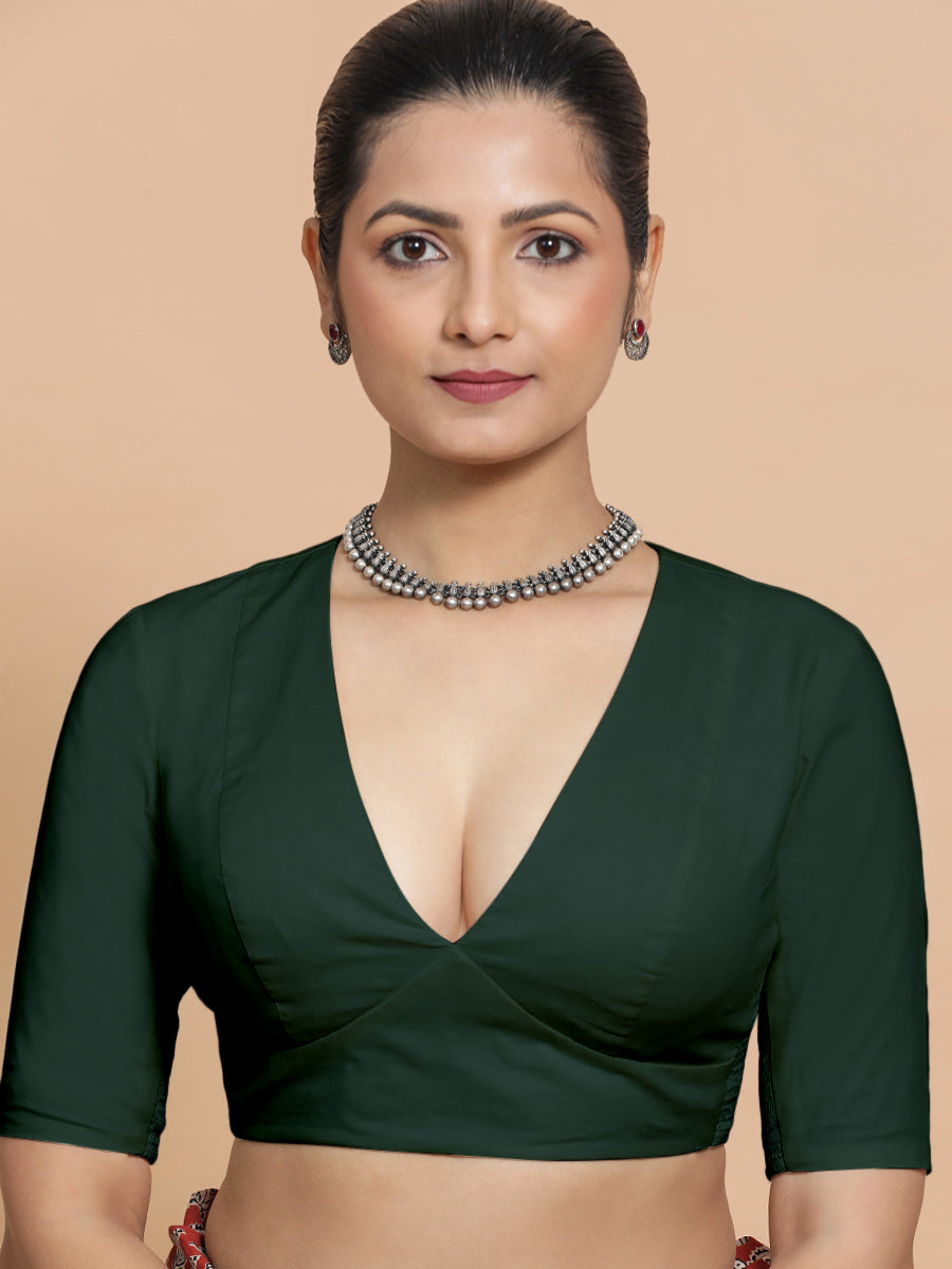 Riddhima x Rozaana Saree Blouse, in Green Cotton, featuring elbow sleeves and v-neckline, made for daily & work (view 7).