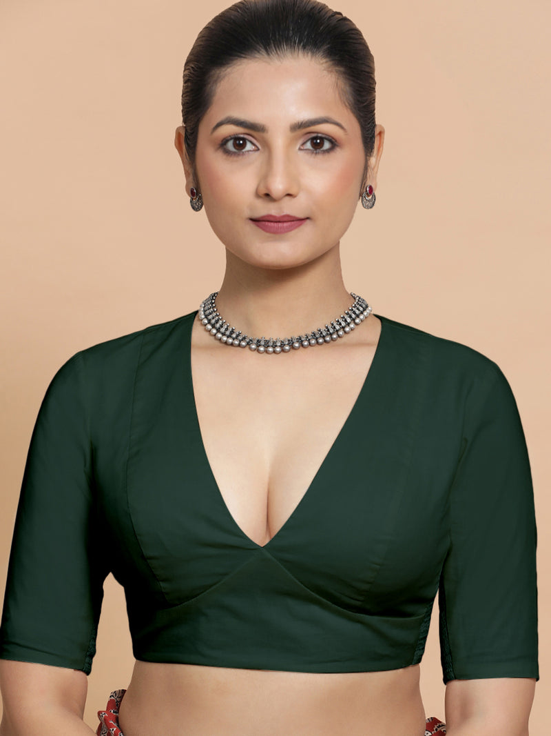 Riddhima x Rozaana | V-Neck Moss Green Plain Cotton Saree Blouse-Binks