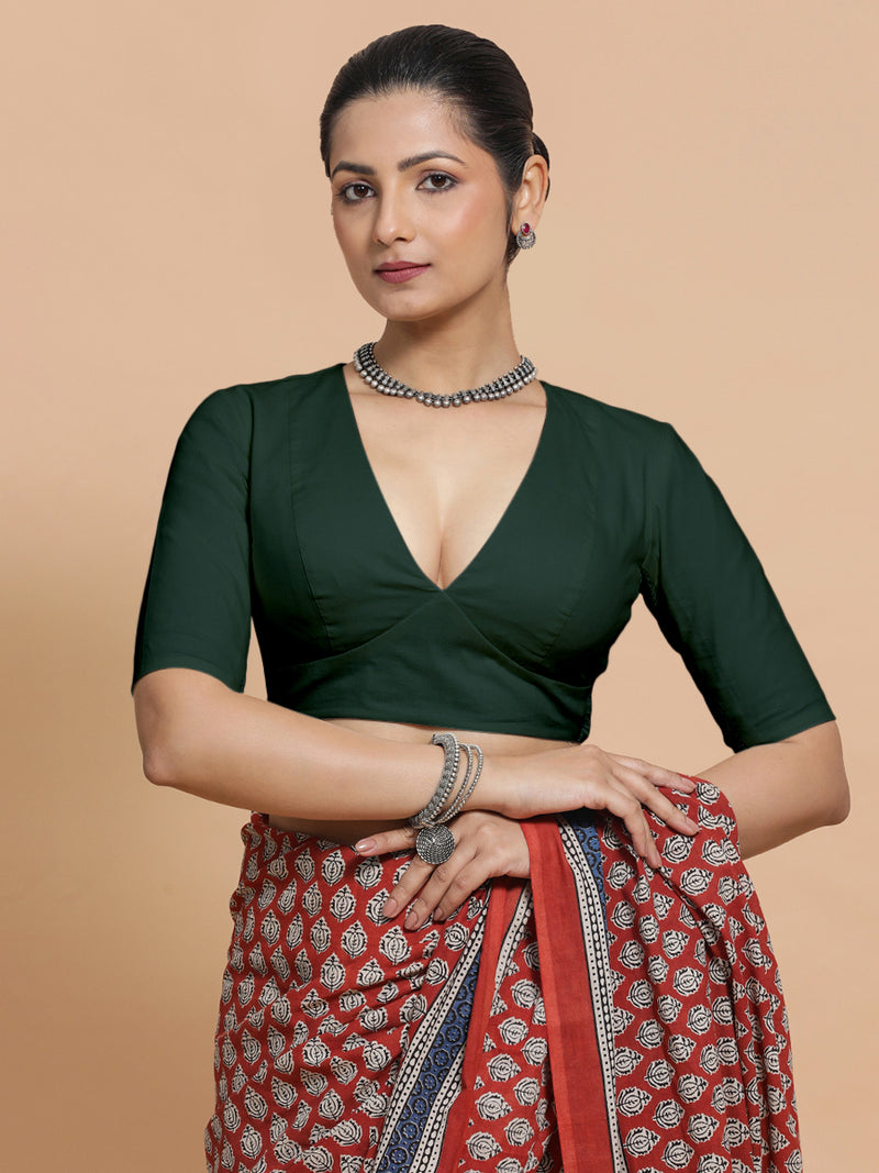 Riddhima x Rozaana | V-Neck Moss Green Plain Cotton Saree Blouse-Binks