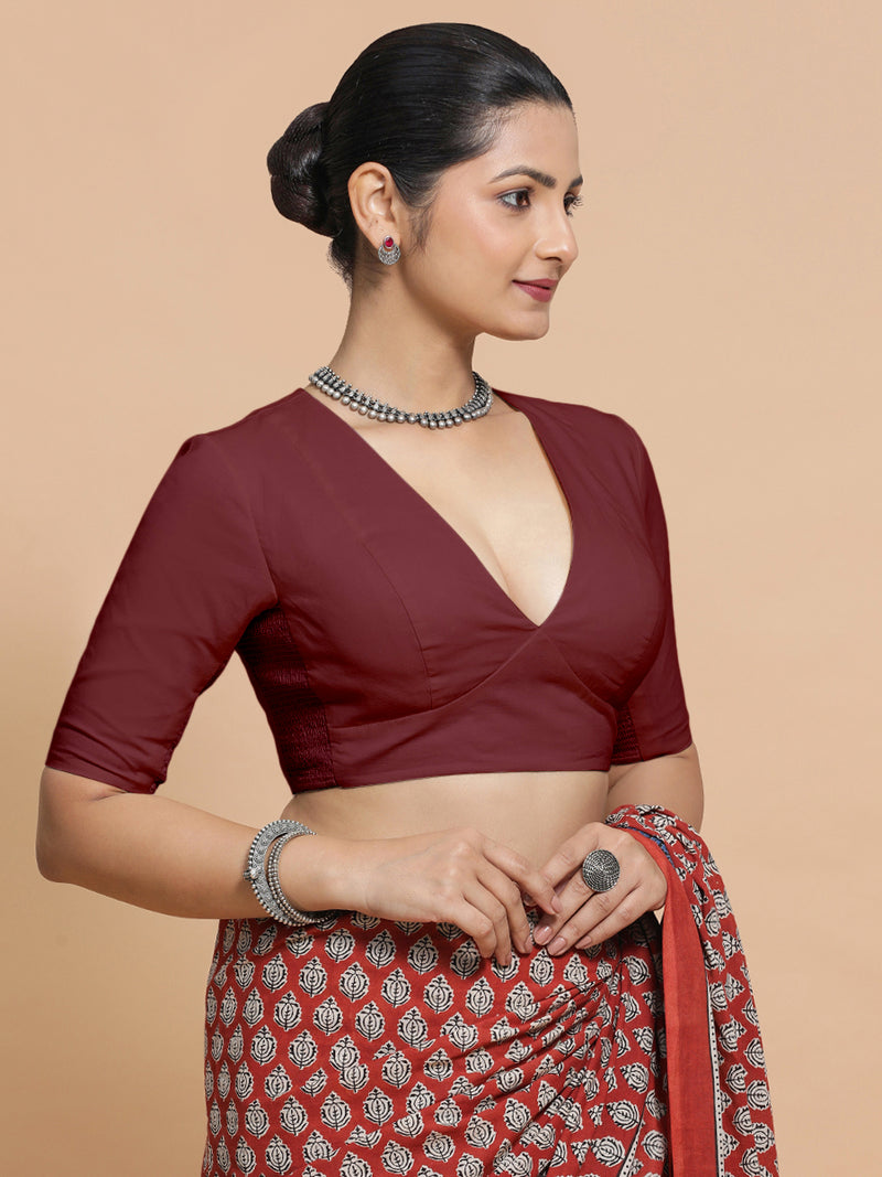 Riddhima x Rozaana | V-Neck Royal Maroon Plain Cotton Saree Blouse-Binks