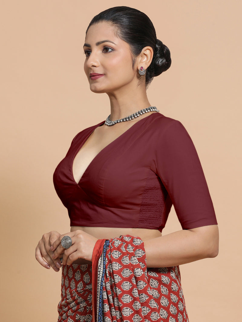 Riddhima x Rozaana | V-Neck Royal Maroon Plain Cotton Saree Blouse-Binks