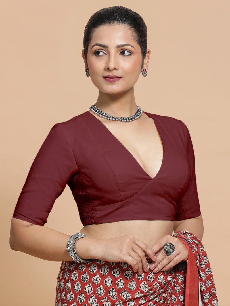 Riddhima x Rozaana | V-Neck Royal Maroon Plain Cotton Saree Blouse-Binks