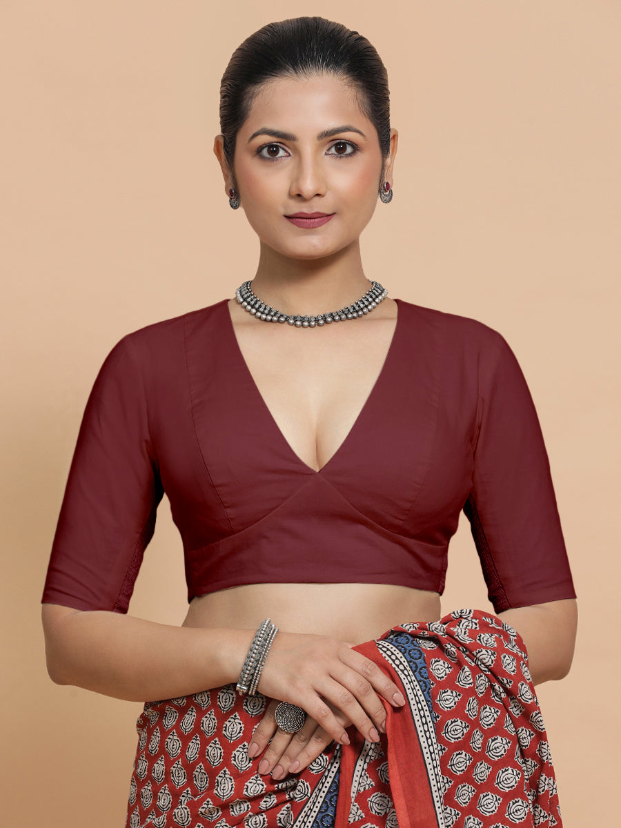 Riddhima x Rozaana Saree Blouse, in Maroon Cotton, featuring elbow sleeves and v-neckline, made for daily & work (view 5).