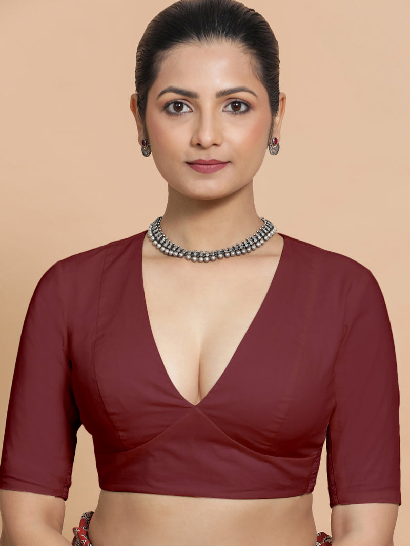 Riddhima x Rozaana | V-Neck Royal Maroon Plain Cotton Saree Blouse-Binks