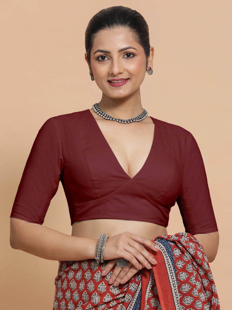 Riddhima x Rozaana | V-Neck Royal Maroon Plain Cotton Saree Blouse-Binks