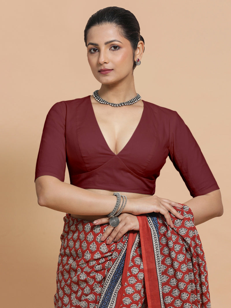 Riddhima x Rozaana | V-Neck Royal Maroon Plain Cotton Saree Blouse-Binks