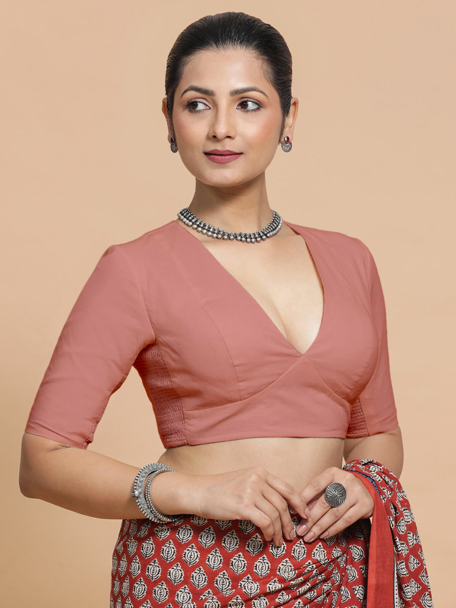 Riddhima x Rozaana Saree Blouse, in Peach Cotton, featuring elbow sleeves and v-neckline, made for daily & work.