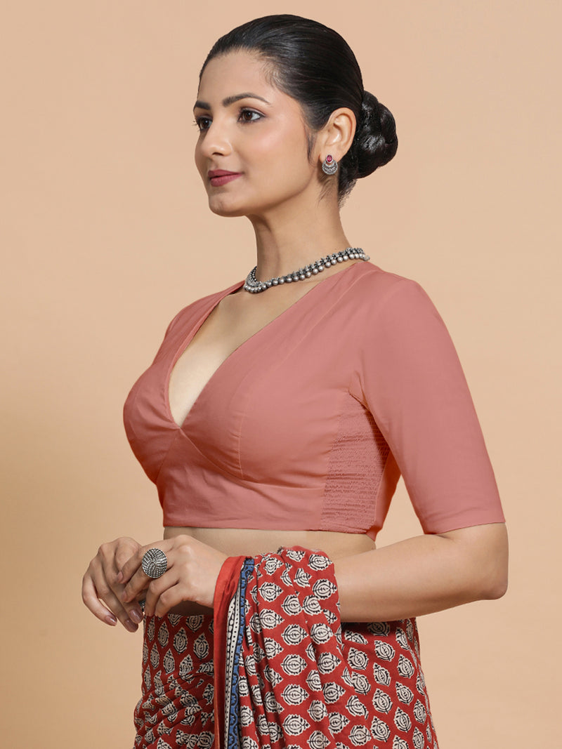 Riddhima x Rozaana | V-Neck Soft Peach Plain Cotton Saree Blouse-Binks