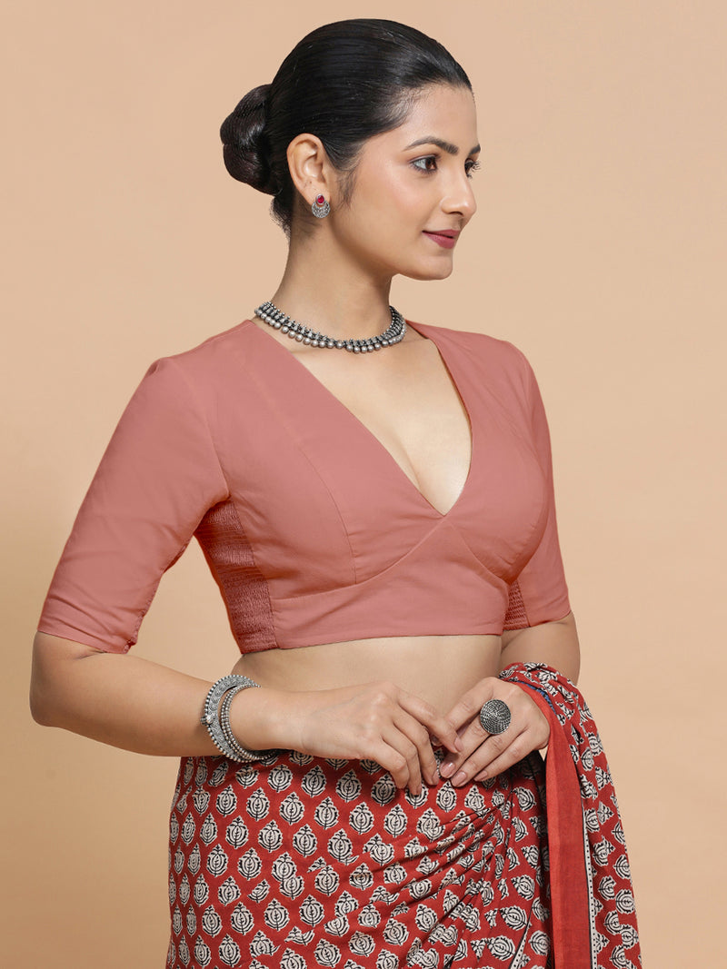 Riddhima x Rozaana | V-Neck Soft Peach Plain Cotton Saree Blouse-Binks