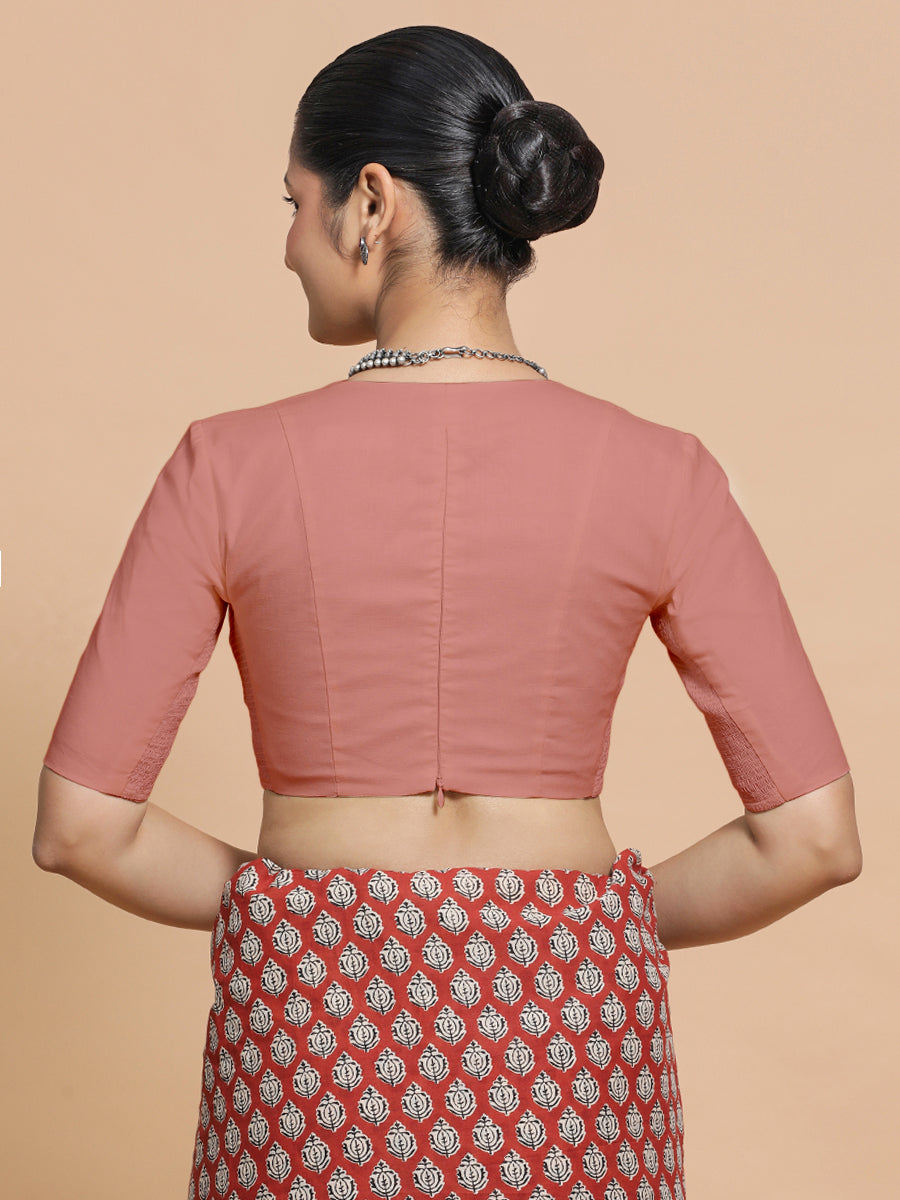 Riddhima x Rozaana Saree Blouse, in Peach Cotton, featuring elbow sleeves and v-neckline, made for daily & work (view 2).