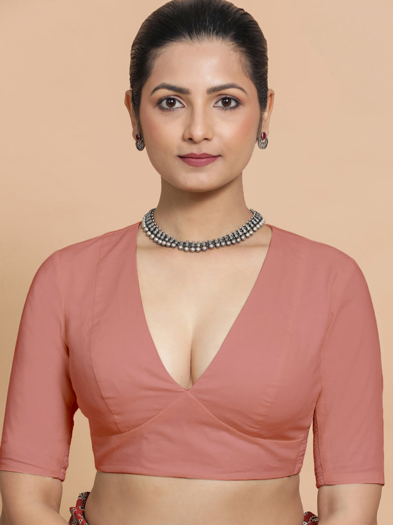 Riddhima x Rozaana | V-Neck Soft Peach Plain Cotton Saree Blouse-Binks