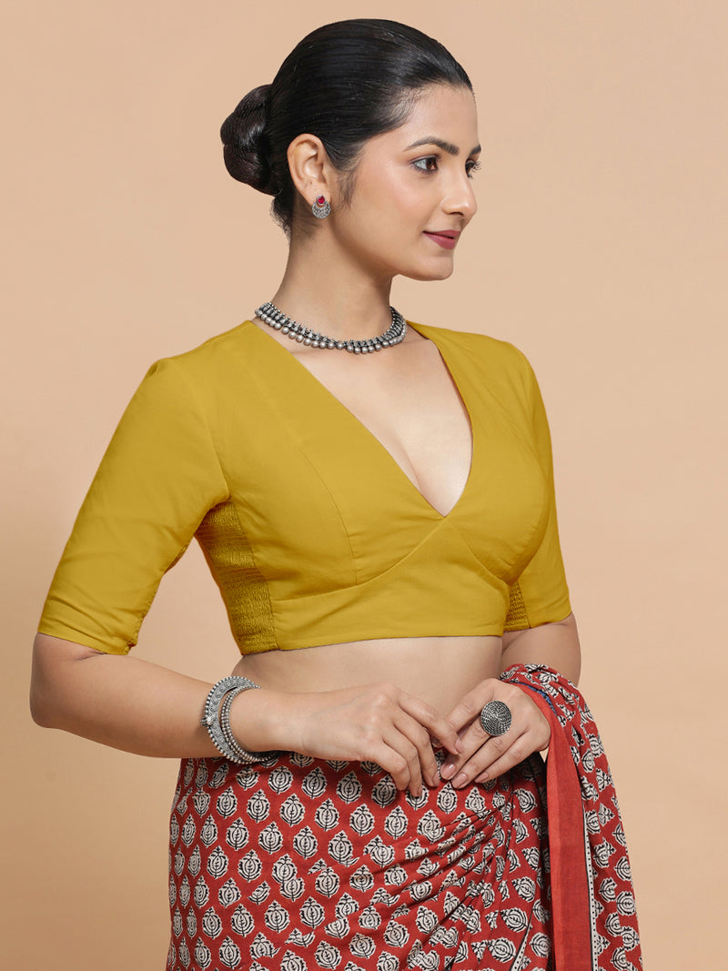 Riddhima x Rozaana | V-Neck Sunny Yellow Plain Cotton Saree Blouse-Binks