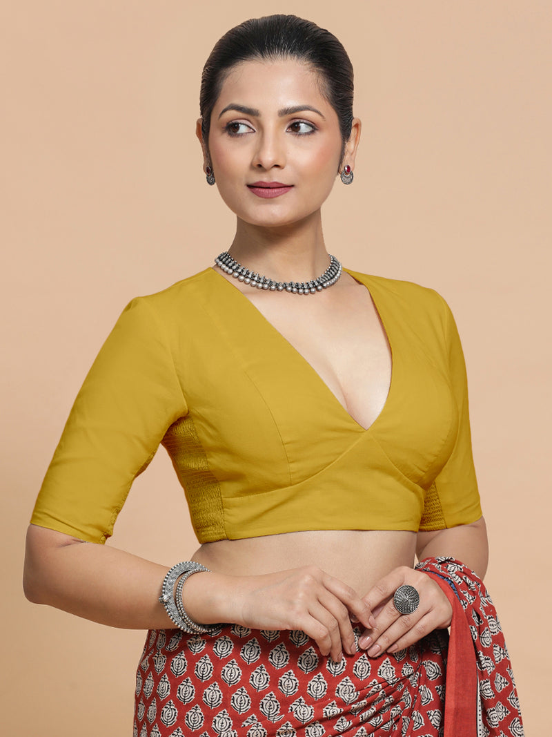 Riddhima x Rozaana | V-Neck Sunny Yellow Plain Cotton Saree Blouse-Binks