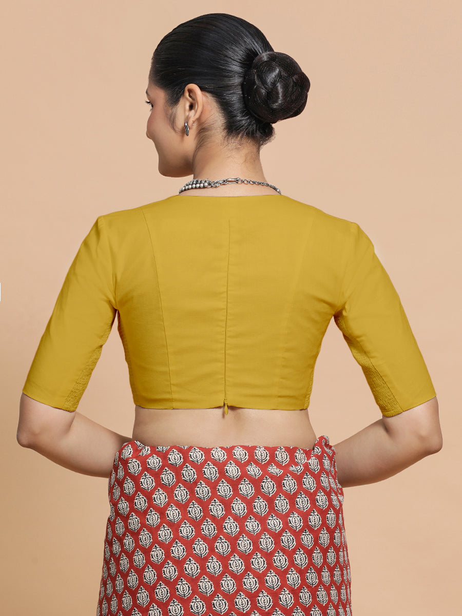 Riddhima x Rozaana Saree Blouse, in Yellow Cotton, featuring elbow sleeves and v-neckline, made for daily & work (view 2).