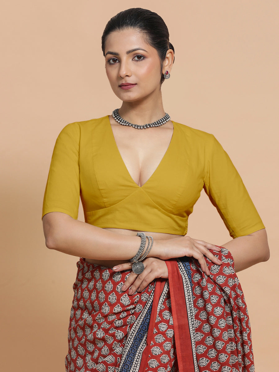 Riddhima x Rozaana Saree Blouse, in Yellow Cotton, featuring elbow sleeves and v-neckline, made for daily & work (view 8).