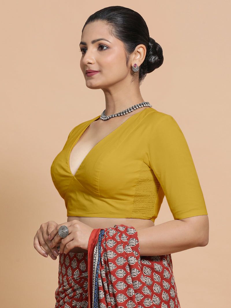Riddhima x Rozaana | V-Neck Sunny Yellow Plain Cotton Saree Blouse-Binks