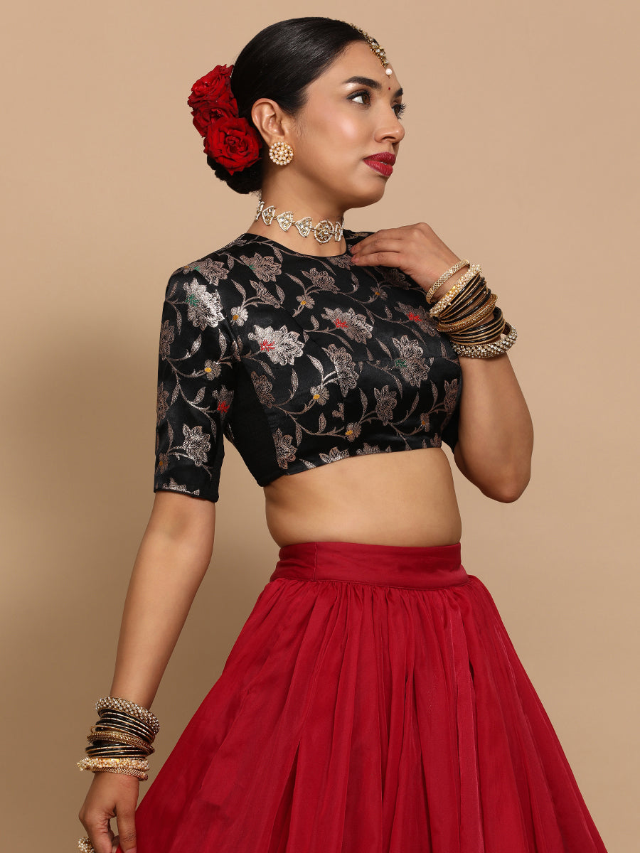 Ridhi x Tyohaar Saree Blouse, in Black Embroidery & Brocade, featuring elbow sleeves and jewel neckline.