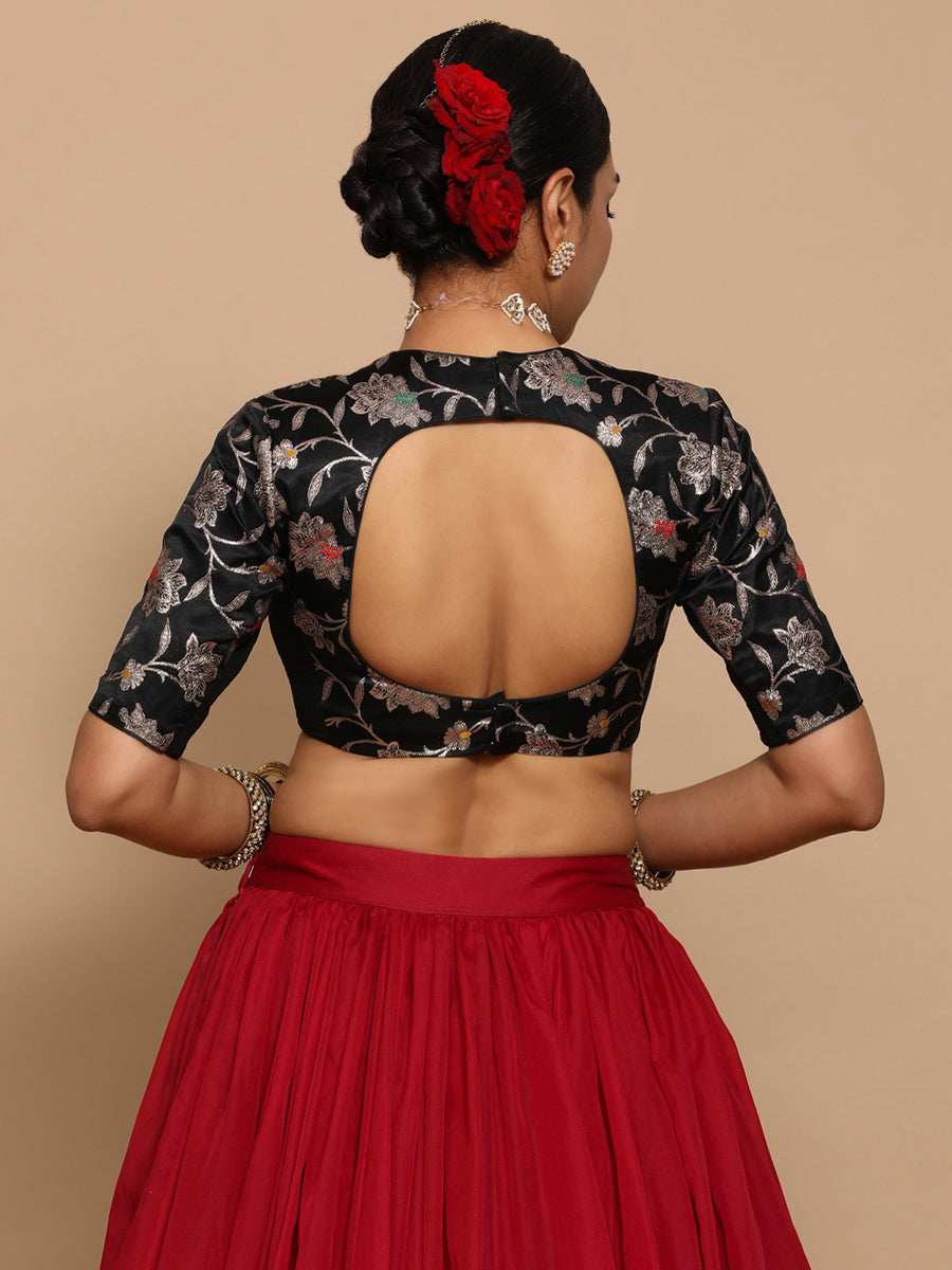 Ridhi x Tyohaar Saree Blouse, in Black Embroidery & Brocade, featuring elbow sleeves and jewel neckline (view 2).