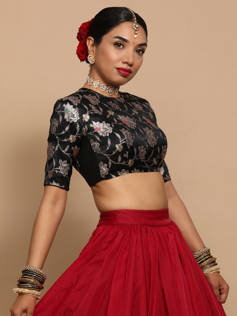 Ridhi x Tyohaar | Elbow Sleeves Satin Viscose Saree Blouse in Black Meenakari Fabric-Binks
