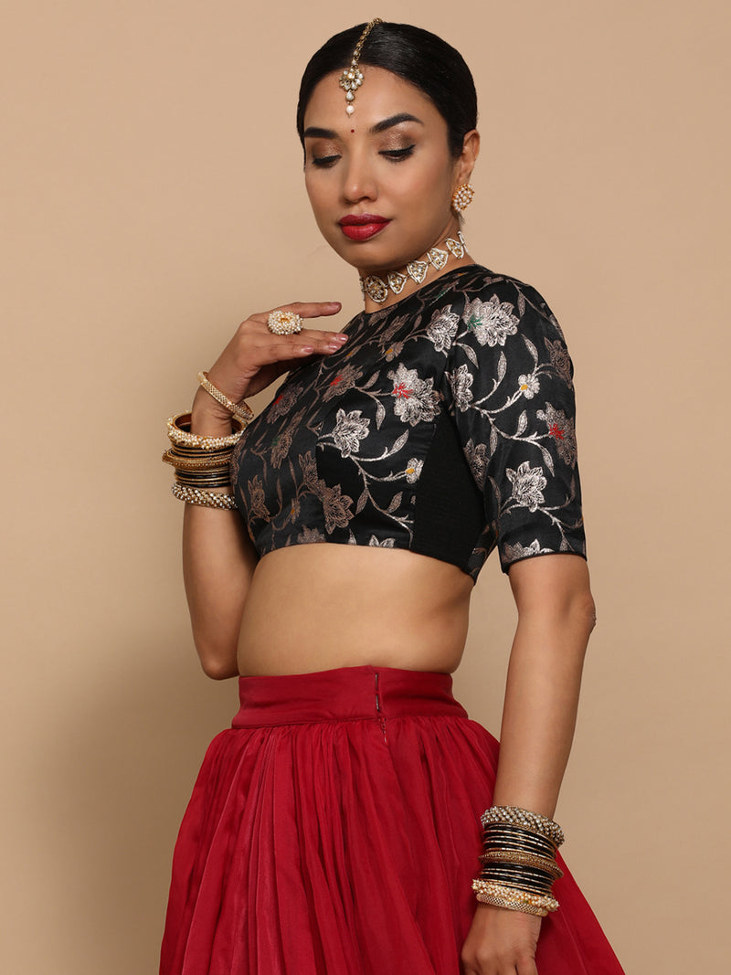 Ridhi x Tyohaar | Elbow Sleeves Satin Viscose Saree Blouse in Black Meenakari Fabric-Binks