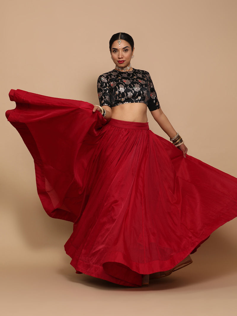 Ridhi x Tyohaar | Elbow Sleeves Satin Viscose Saree Blouse in Black Meenakari Fabric-Binks