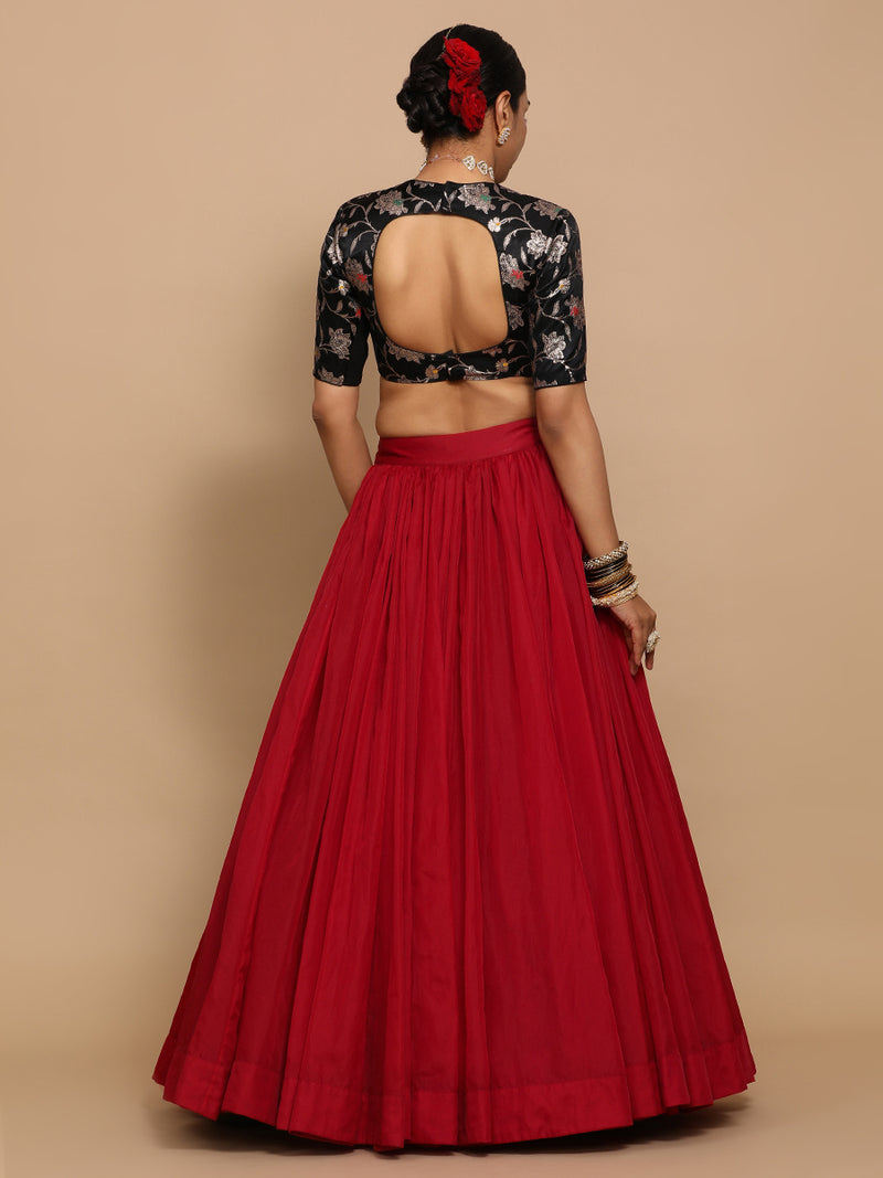 Ridhi x Tyohaar | Elbow Sleeves Satin Viscose Saree Blouse in Black Meenakari Fabric-Binks