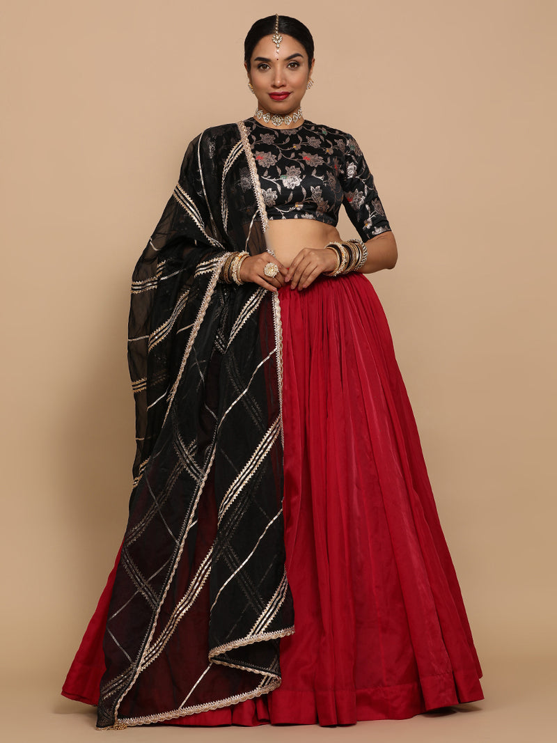 Ridhi x Tyohaar | Elbow Sleeves Satin Viscose Saree Blouse in Black Meenakari Fabric-Binks