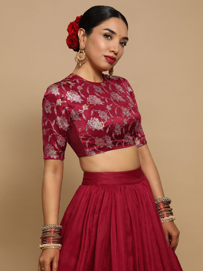 Ridhi x Tyohaar | Elbow Sleeves Satin Viscose Saree Blouse in Red Meenakari Fabric-Binks
