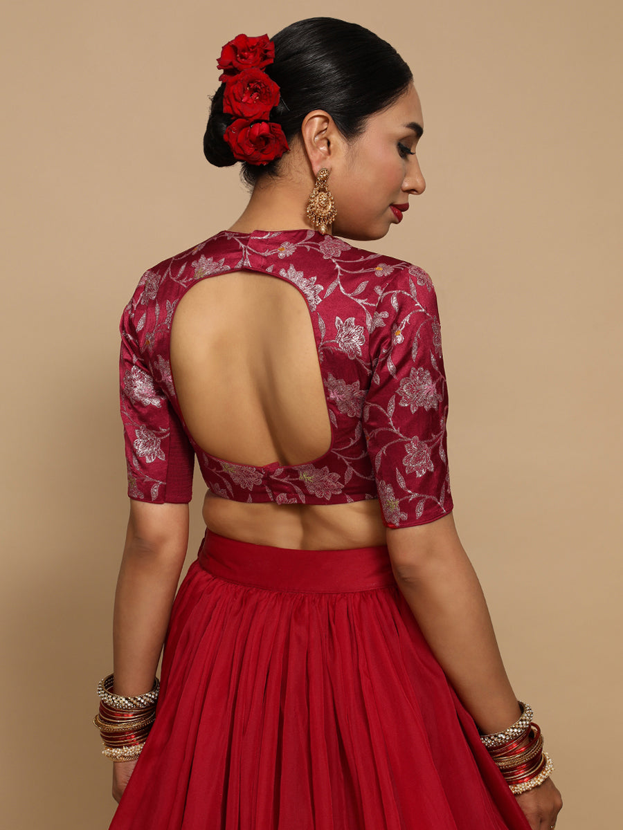 Ridhi x Tyohaar Saree Blouse, in Red Embroidery & Brocade, featuring elbow sleeves and jewel neckline (view 2).