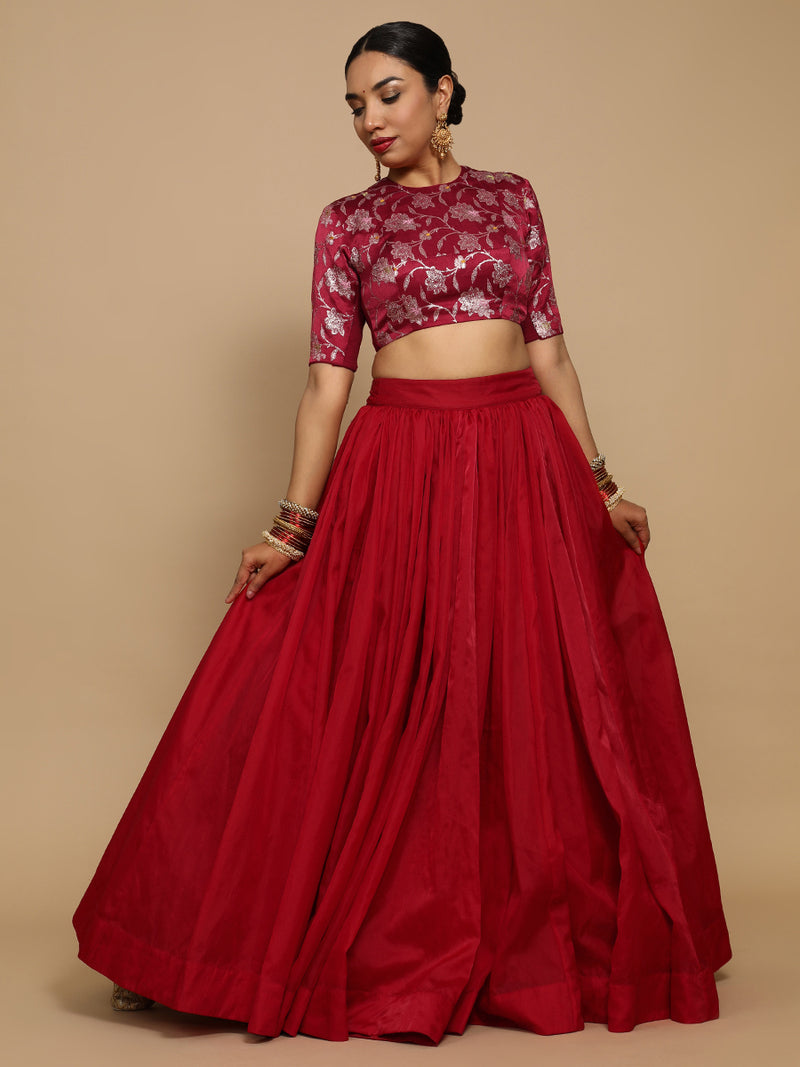 Ridhi x Tyohaar | Elbow Sleeves Satin Viscose Saree Blouse in Red Meenakari Fabric-Binks