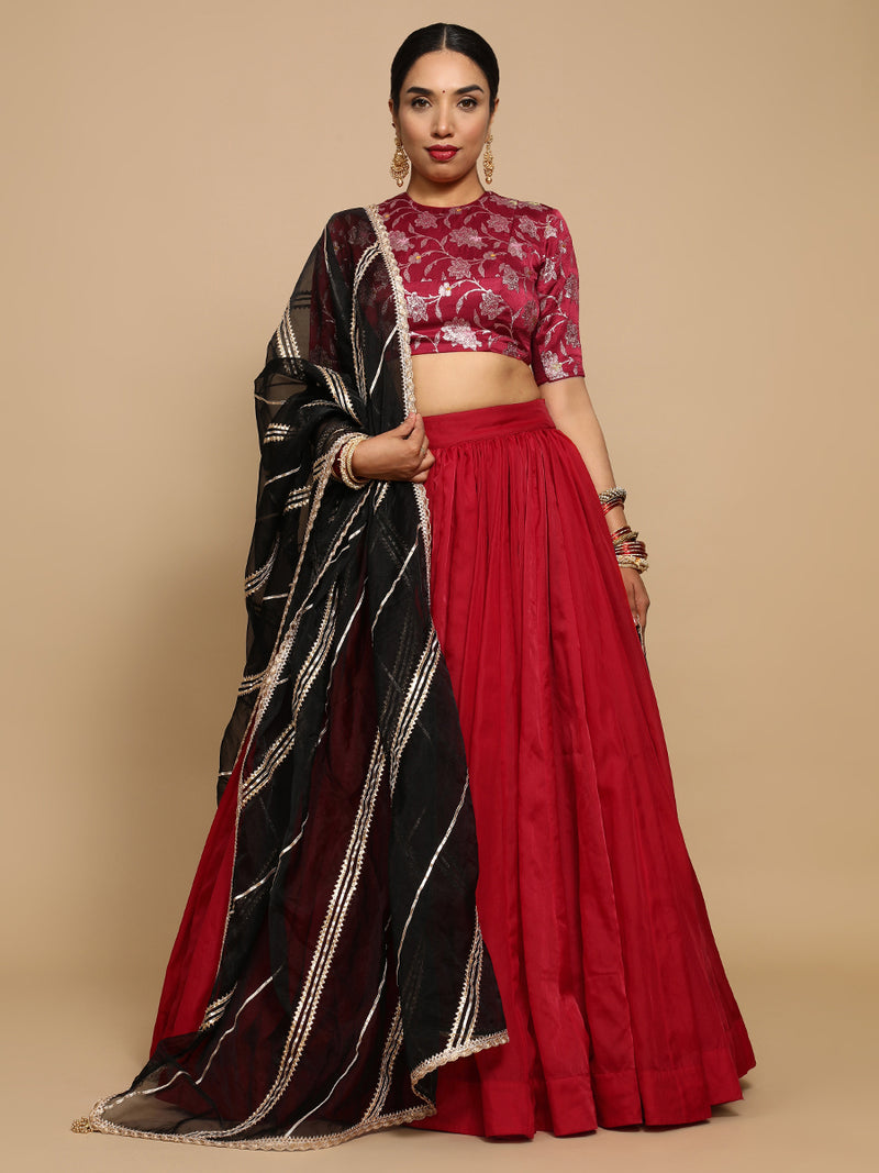 Ridhi x Tyohaar | Elbow Sleeves Satin Viscose Saree Blouse in Red Meenakari Fabric-Binks