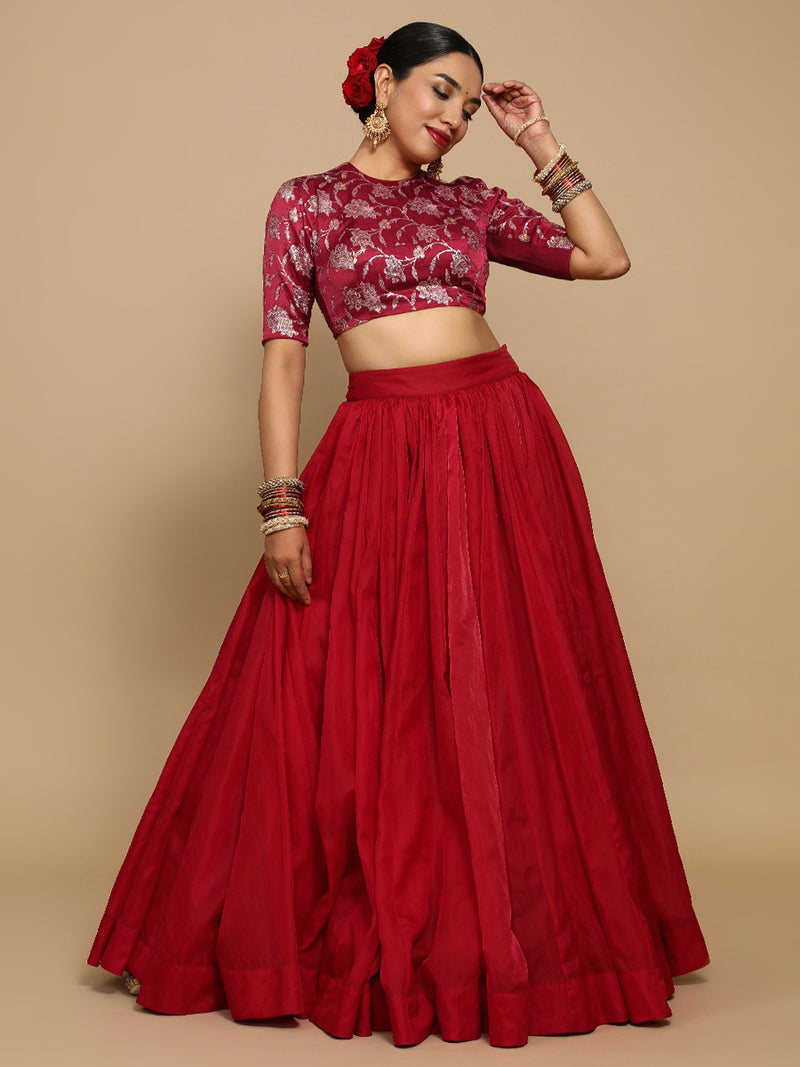 Ridhi x Tyohaar | Elbow Sleeves Satin Viscose Saree Blouse in Red Meenakari Fabric-Binks