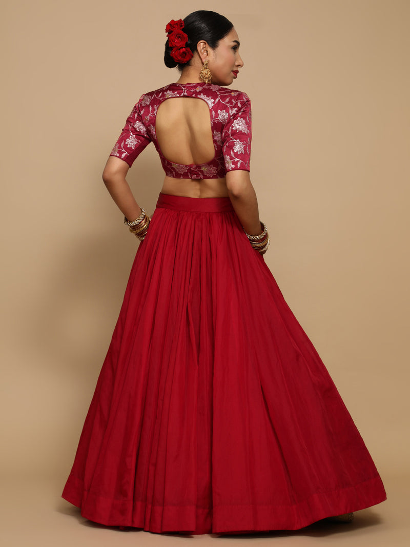 Ridhi x Tyohaar | Elbow Sleeves Satin Viscose Saree Blouse in Red Meenakari Fabric-Binks