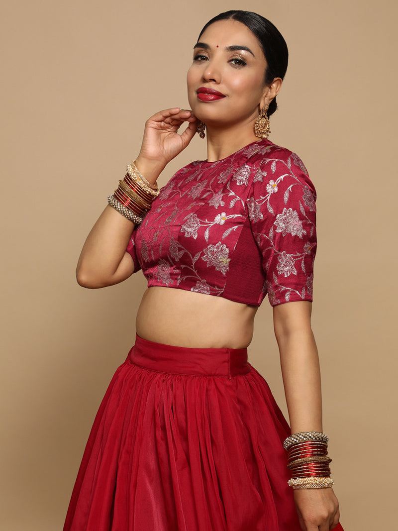 Ridhi x Tyohaar | Elbow Sleeves Satin Viscose Saree Blouse in Red Meenakari Fabric-Binks