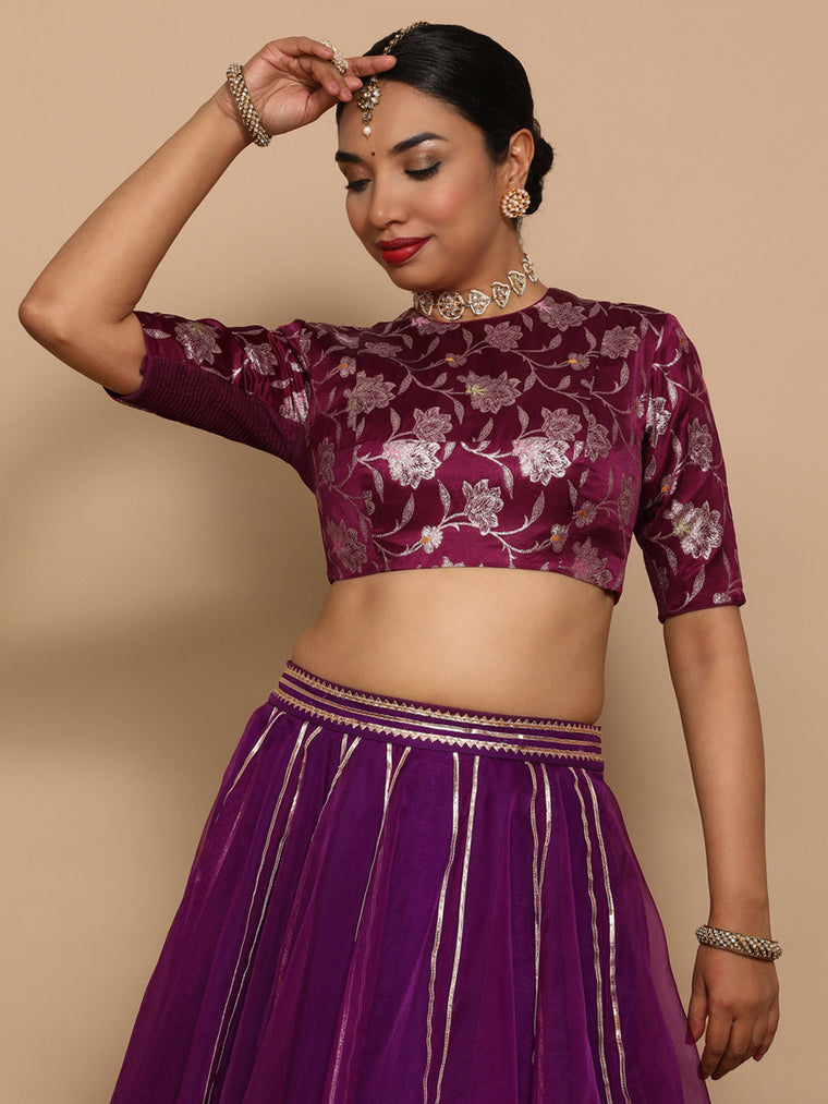 Ridhi x Tyohaar Saree Blouse, in Purple Embroidery & Brocade, featuring elbow sleeves and jewel neckline.
