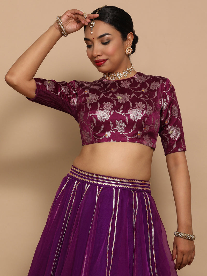 Ridhi x Tyohaar | Elbow Sleeves Satin Viscose Saree Blouse in Violet Meenakari Fabric-Binks