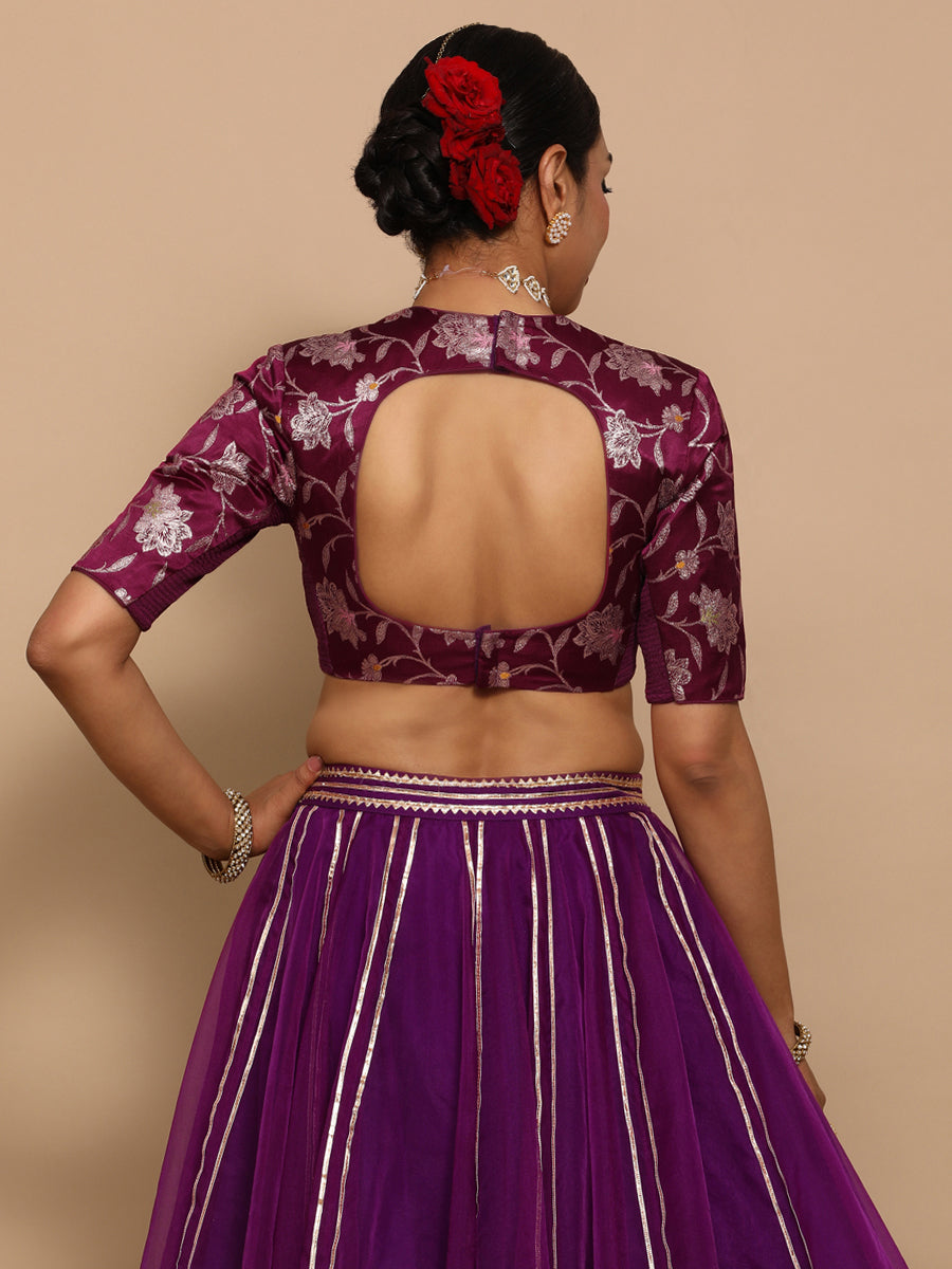 Ridhi x Tyohaar Saree Blouse, in Purple Embroidery & Brocade, featuring elbow sleeves and jewel neckline (view 2).