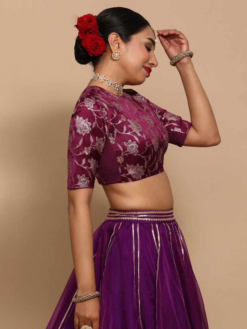 Ridhi x Tyohaar | Elbow Sleeves Satin Viscose Saree Blouse in Violet Meenakari Fabric-Binks