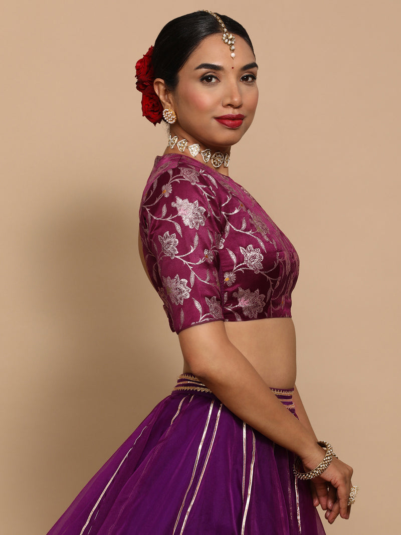 Ridhi x Tyohaar | Elbow Sleeves Satin Viscose Saree Blouse in Violet Meenakari Fabric-Binks