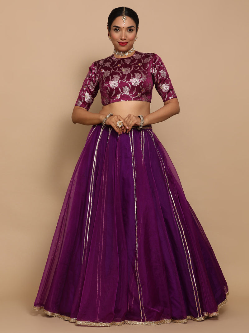 Ridhi x Tyohaar | Elbow Sleeves Satin Viscose Saree Blouse in Violet Meenakari Fabric-Binks